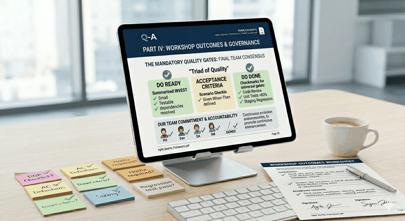 Master Agile Quality Guide PDF cover showing Definition of Ready, Done, and Acceptance Criteria for improved sprint delivery
