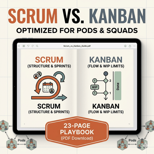 Cover of Scrum vs Kanban Playbook PDF guide for Agile Pods with comparison and transition strategies