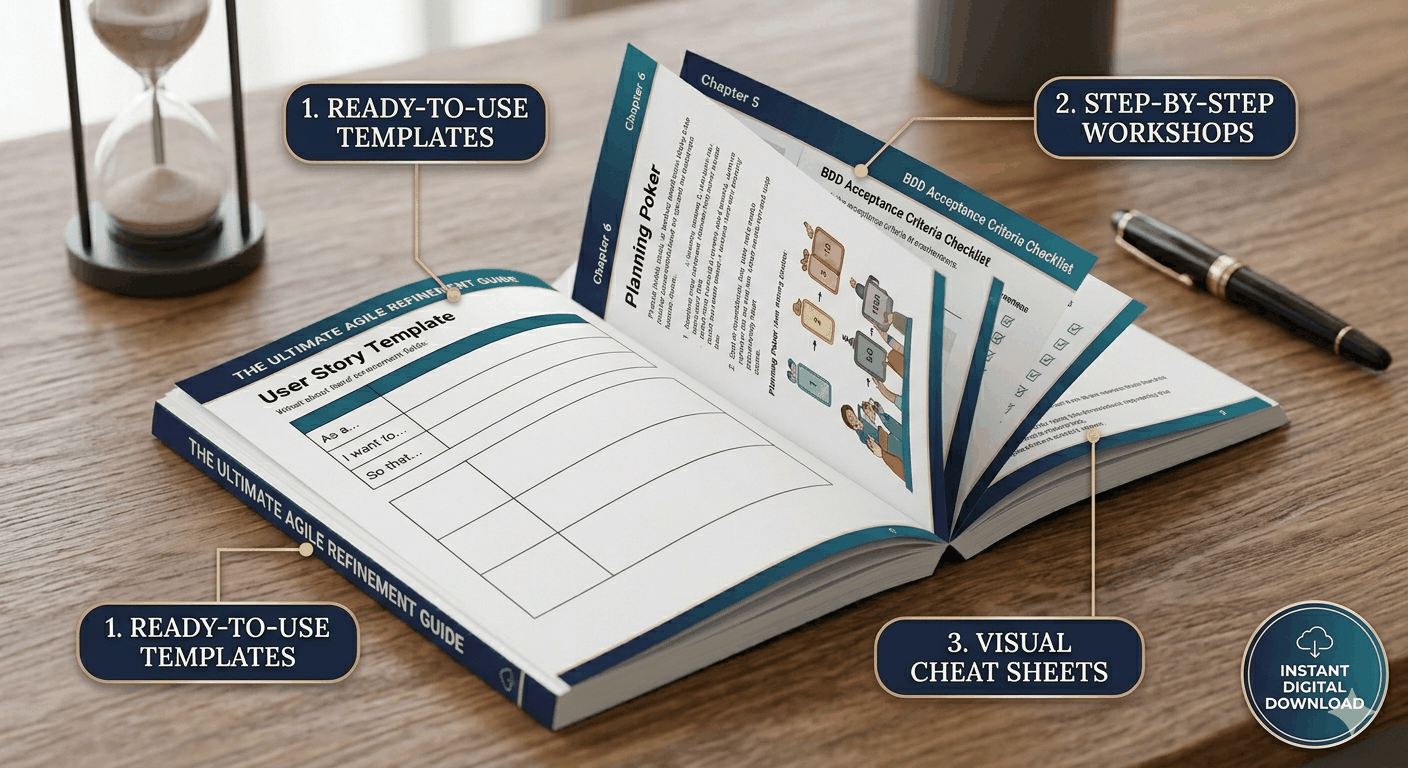 Fanned out pages of the Agile Backlog Refinement Playbook PDF guide for sprint readiness and user story mastery