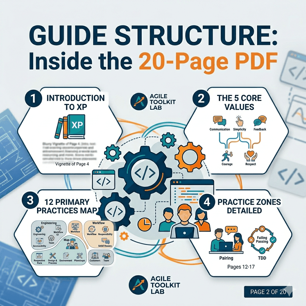 Cover of a 20-page digital guide titled "XP in Agile" by Agile Toolkit Lab for mastering Extreme Programming practices in Agile teams.