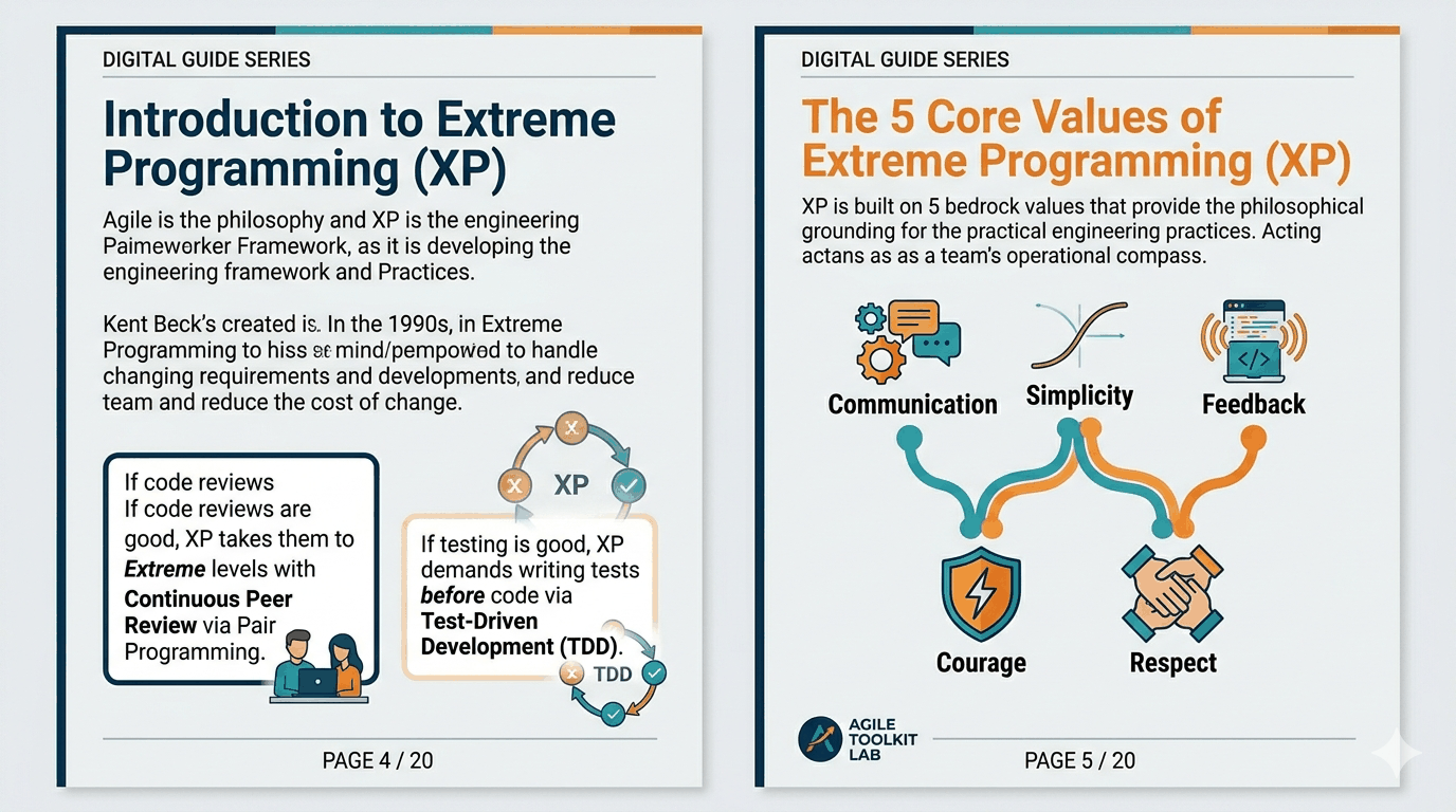 Digital guide cover for XP in Agile with technical discipline and Agile Toolkit branding