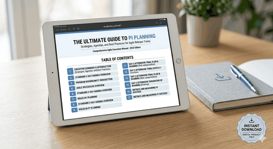 Cover of Ultimate PI Planning Guide PDF for Agile Release Train and Scrum Master with step-by-step planning and risk management strategies