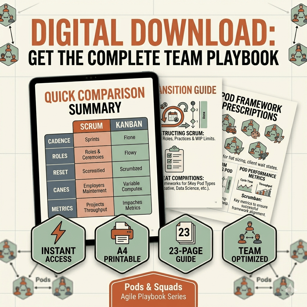 Cover of Scrum vs Kanban playbook PDF comparing Agile frameworks for team pods