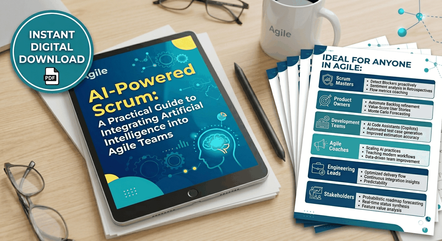 Cover of The AI-Powered Agile Team PDF guide showing AI integration in Scrum events and sprint planning tools