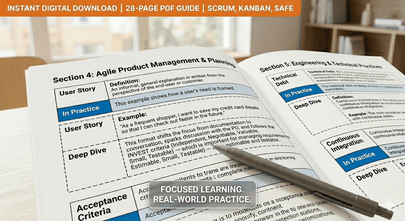 Cover of the Definitive Agile Terminology Guide PDF for Scrum, Kanban, and SAFe project management reference