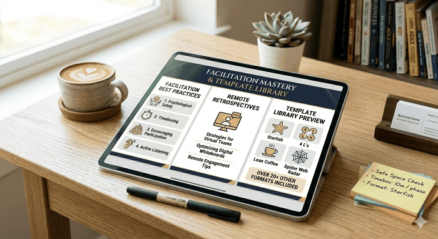 Agile Retrospective Playbook cover with vibrant colors and dynamic design for Scrum Master toolkit and remote team templates
