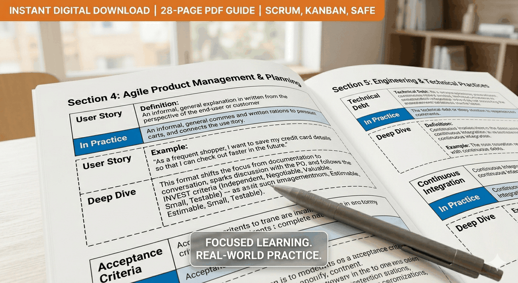 Cover of the Definitive Agile Terminology Guide PDF for Scrum, Kanban, and SAFe project management reference