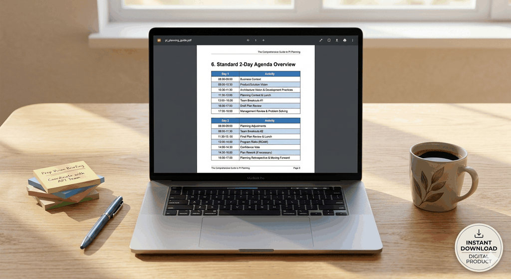 Cover page of PI Planning guide PDF for Agile Release Train with Scrum Master and RTE manual, showing a 20-page professional SAFe Agile resource.