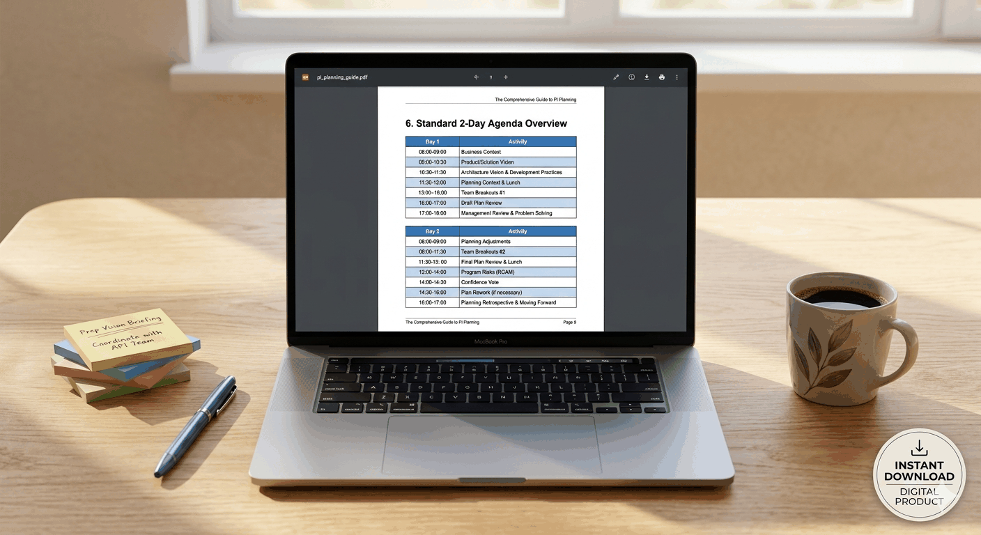 Cover page of PI Planning guide PDF for Agile Release Train with Scrum Master and RTE manual, showing a 20-page professional SAFe Agile resource.