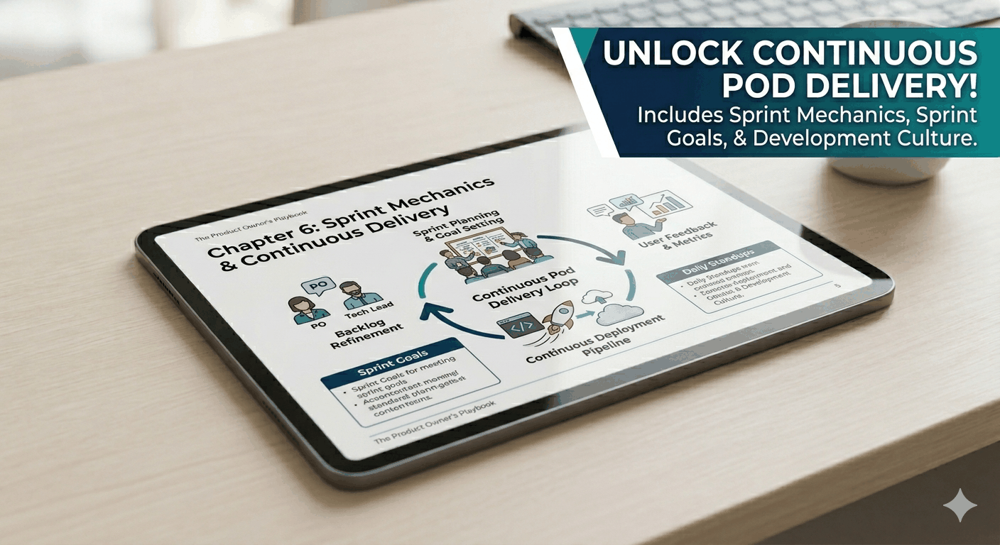 Cover of The Product Owner’s Playbook PDF guide showcasing strategic framework for Product Owners in agile pods
