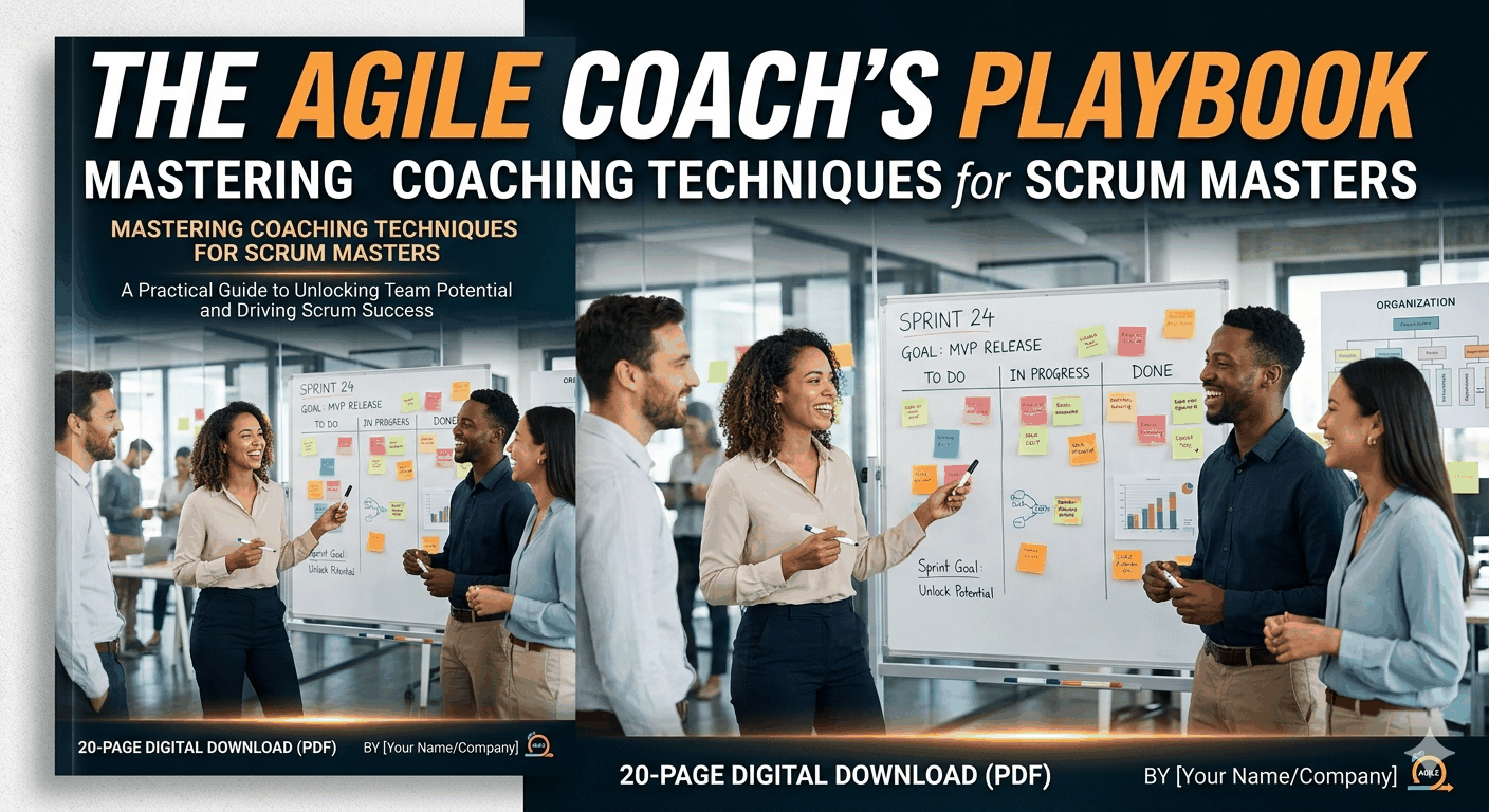 Cover of Scrum Master Coaching Guide PDF showing Agile Coach playbook for Scrum Masters with coaching techniques and digital download details