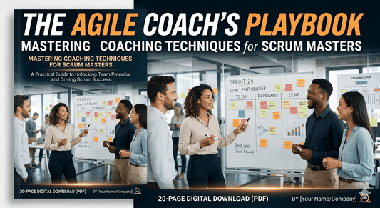 Cover of Scrum Master Coaching Guide PDF showing Agile Coach playbook for Scrum Masters with coaching techniques and digital download details