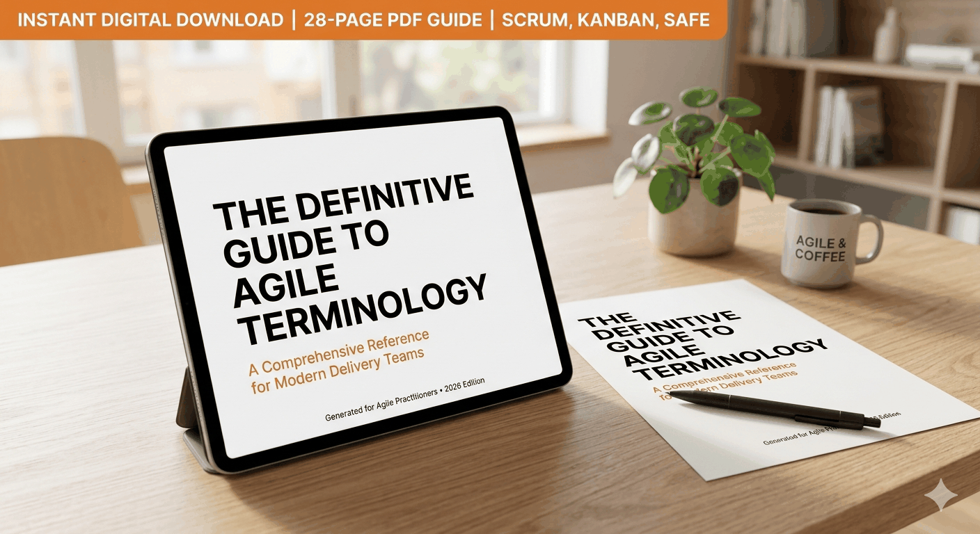 Cover of the Definitive Agile Terminology Guide PDF for Scrum, Kanban, and SAFe project management.