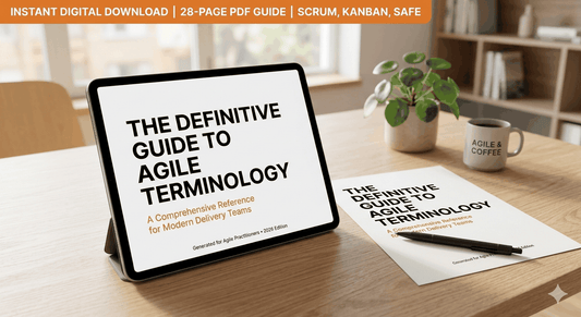 Cover of the Definitive Agile Terminology Guide PDF for Scrum, Kanban, and SAFe project management.
