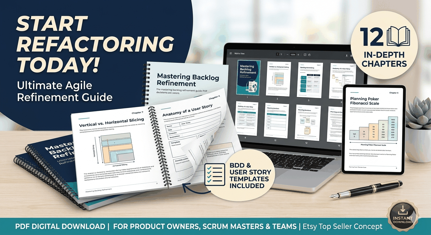 Fanned pages of the Agile Backlog Refinement Playbook digital PDF guide for sprint readiness and user story mastery