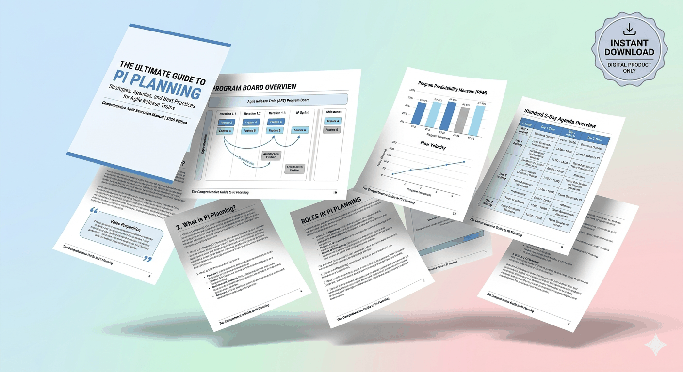 Cover of Ultimate PI Planning Guide PDF for Agile Release Train with key steps and checklists for Scrum Masters and RTEs
