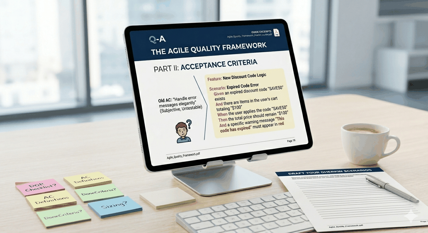 Master Agile Quality PDF guide cover showing Definition of Ready, Done, and Acceptance Criteria for improving sprint delivery quality
