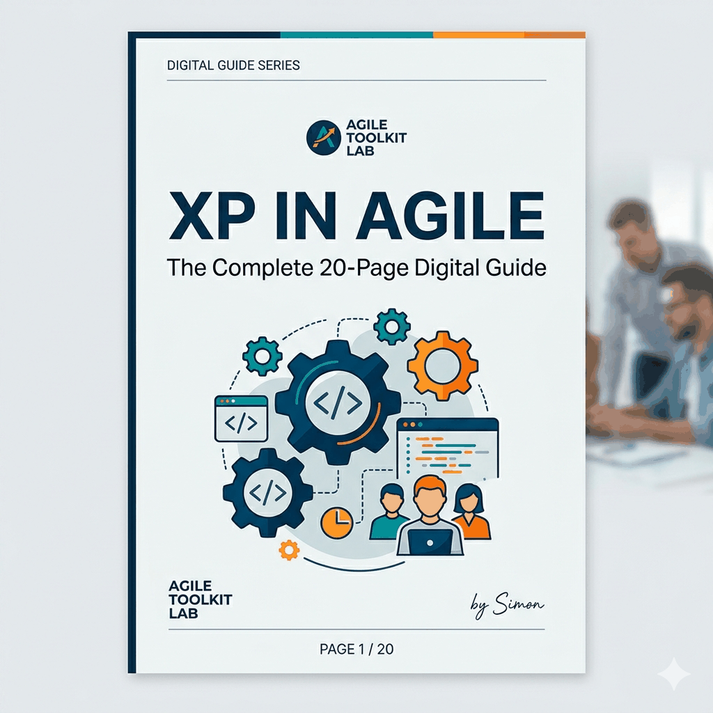 Cover image of a 20-page digital guide titled "XP in Agile" highlighting Extreme Programming practices for Agile teams by Agile Toolkit Lab