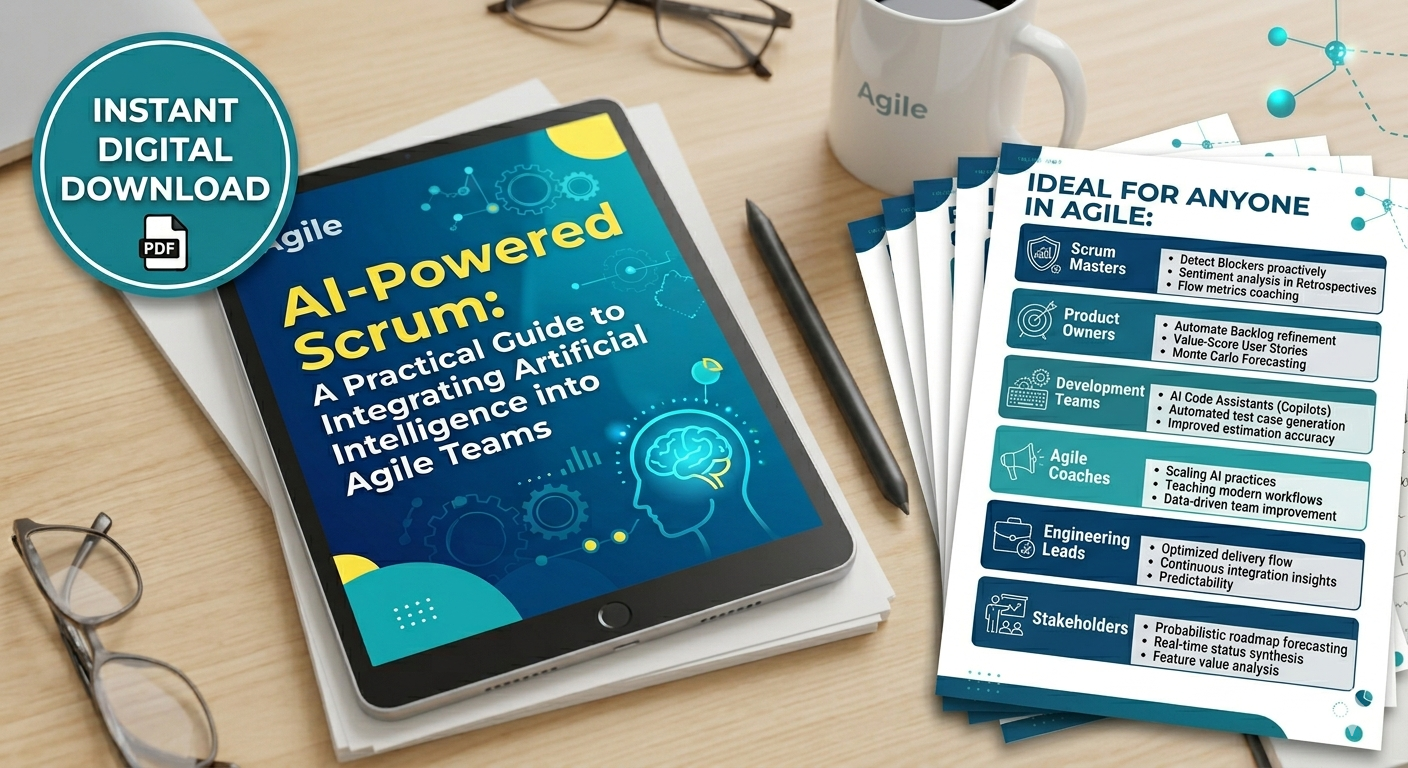 Cover of AI for Agile Teams practical Scrum guide showing digital interface with Agile workflow icons and AI elements