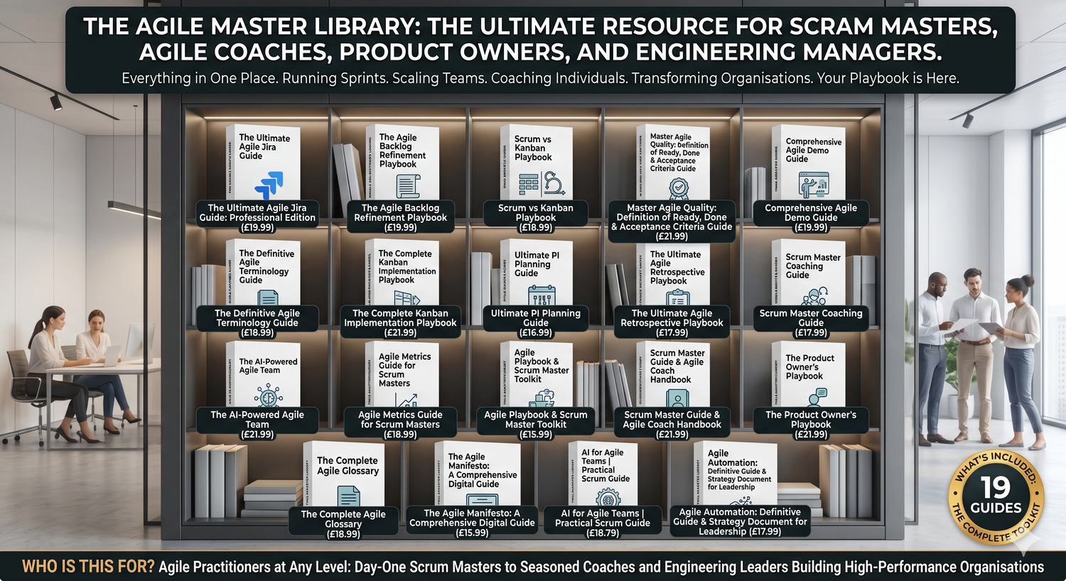 Stack of 19 Agile Master Library digital guides bundle for Scrum Masters and Agile Coaches