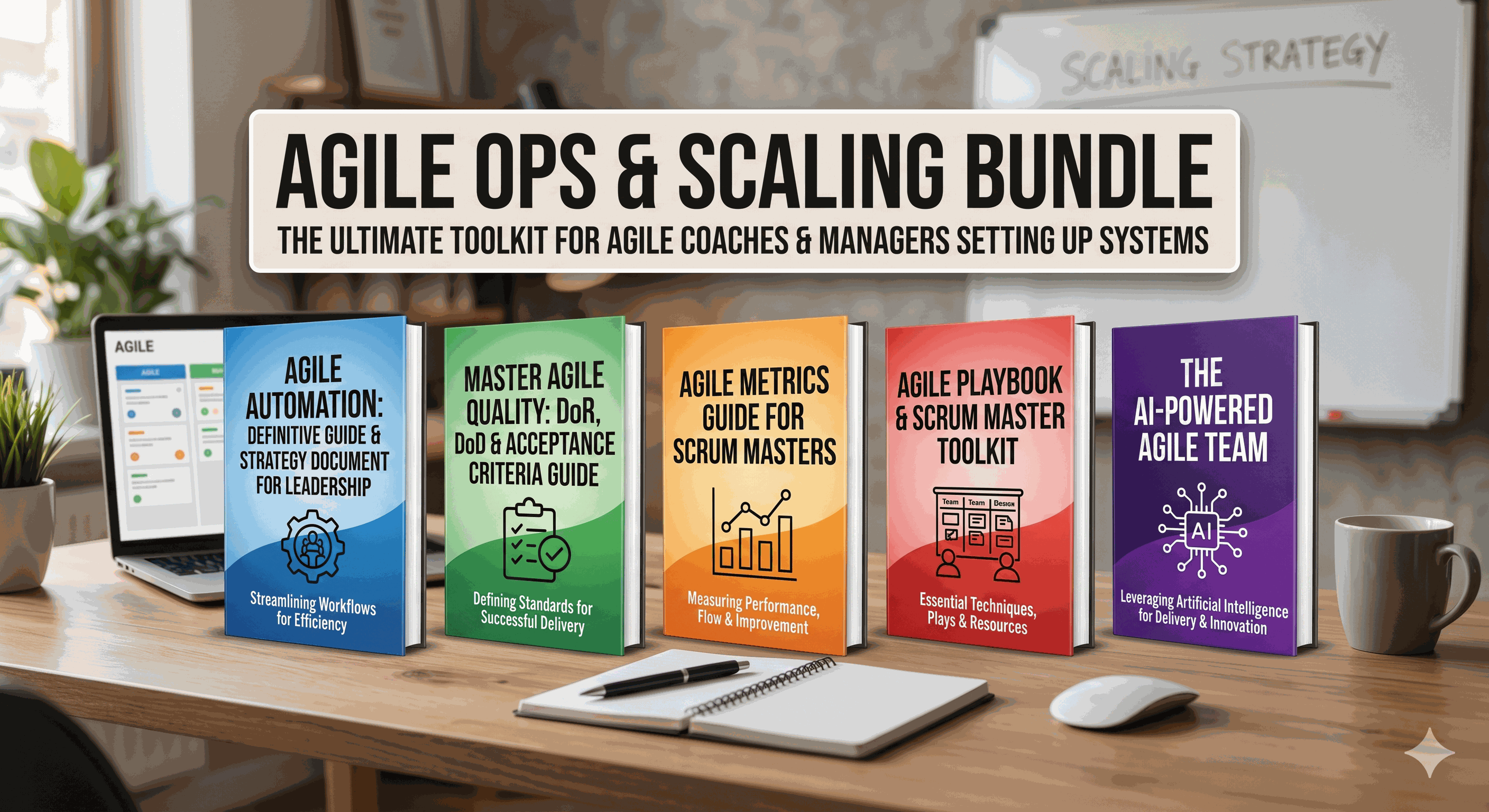 The Agile Ops & Scaling Bundle digital download for Agile coaches and leaders featuring 5 leadership guides to build scalable Agile systems